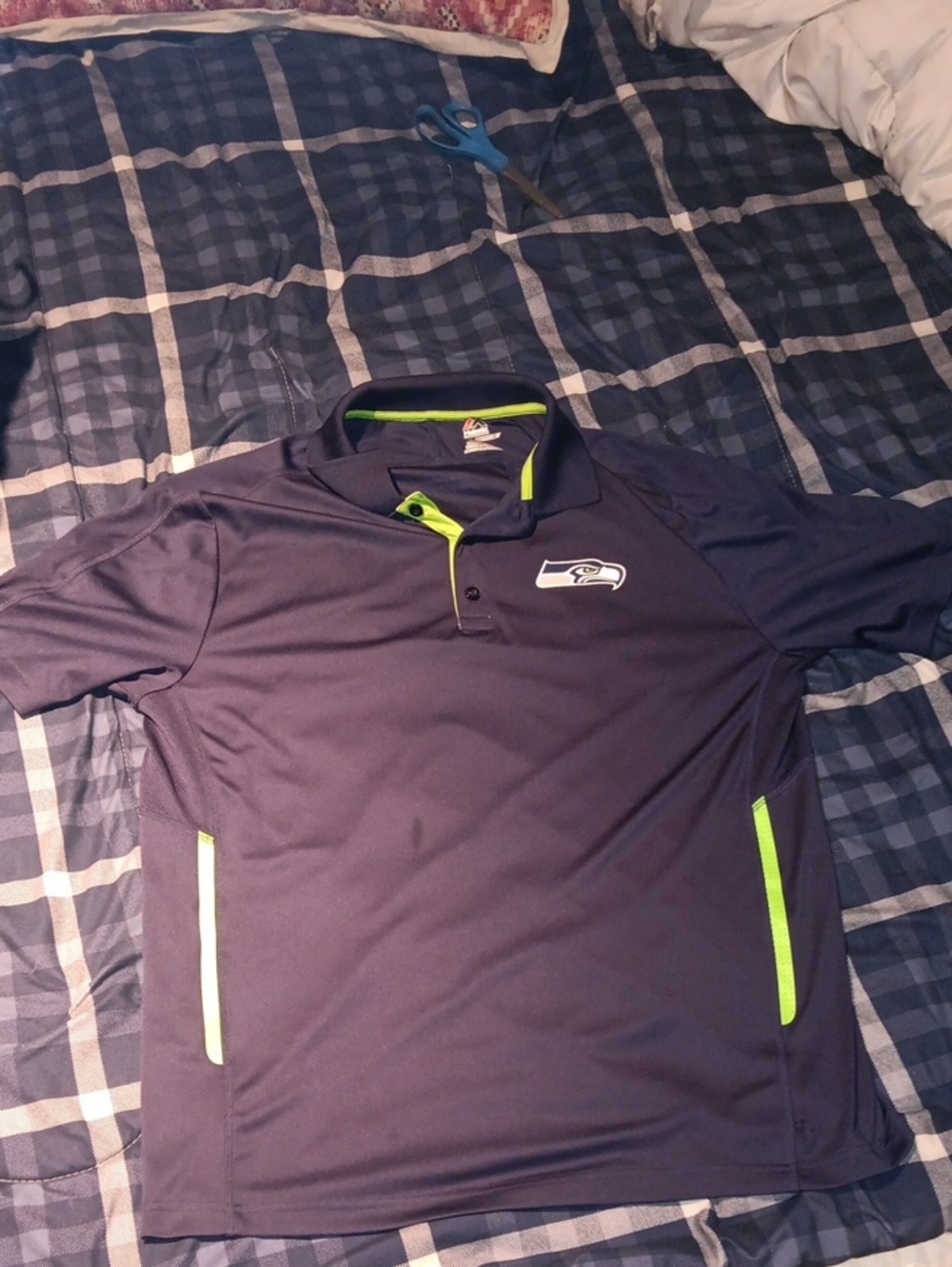 Majestic Navy Blue and Lime Seattle Seahawks Polo